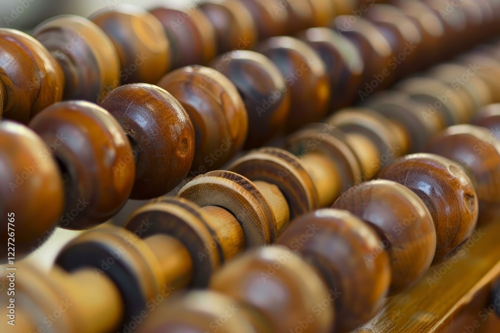 Wooden abacus with beads arranged in rows, showing shallow depth of field Wooden abacus with beads arranged in rows, showing shallow depth of field