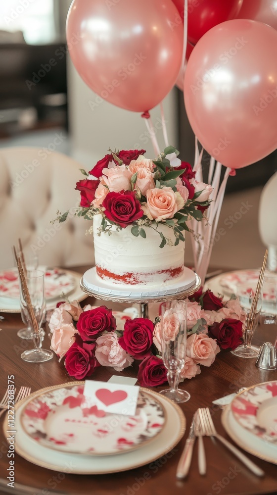 Fototapeta premium Romantic Valentine's Day Celebration with Elegant Table Setting and Floral Decor