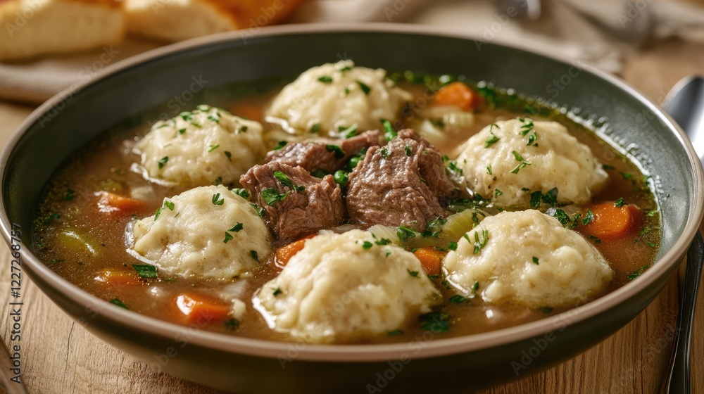 Hungarian beef and vegetable soup with dumplings on wooden table Hungarian beef and vegetable soup with dumplings on wooden table