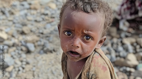 Hungry starving poor little child looking at the camera in Ethiopia