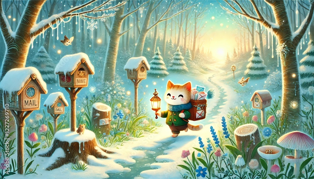 Obraz premium A Heartwarming Spring Illustration of a Cat Mail Carrier Delivering Magical Letters in a Snow-Melting Forest