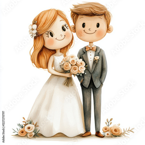 cute cartoon bride and groom celebrating their happy wedding day, surrounded by floral decorations. bride wears white dress and holds bouquet, while groom is in suit
