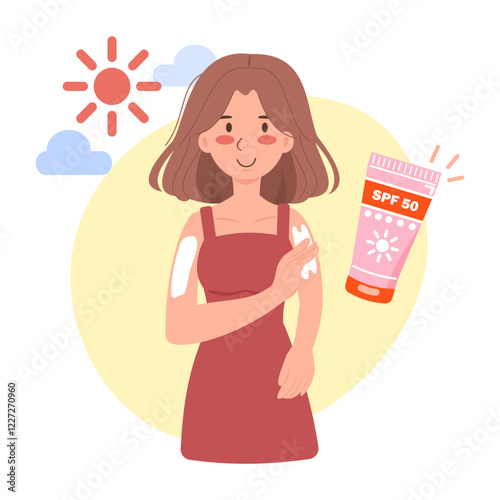 A woman with short hair applying sunscreen to her skin, ensuring sun protection against UV damage while enjoying the outdoors.