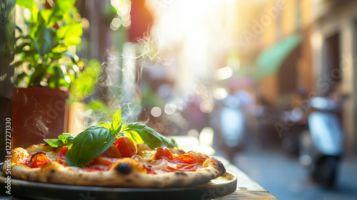 A freshly baked pizza with basil and tomatoes sits outside an Italian restaurant