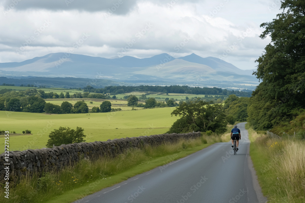 Quiet Country Ride: A Cyclist Riding Through a Peaceful Countryside Road Quiet Country Ride: A Cyclist Riding Through a Peaceful Countryside Road