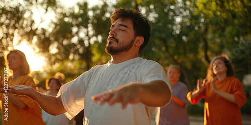 Man Practicing Tai Chi Chuan in a Park at Sunset photo