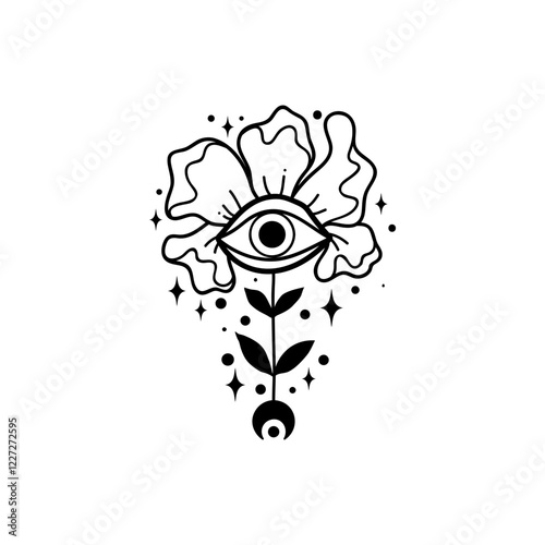 Eye boho. Lineart Vector illustration. Flower moon , Magic celestial witchcraft symbol. Masonic symbol. Hand drawn logo or emblem