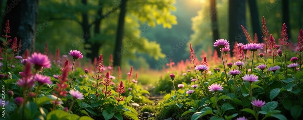 Obraz premium Asters and astilbe flowers in a mountainous forest, autumn color, nature scene, forest floor