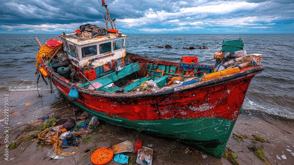 Abandoned fishing boat on beach, stormy sea, ocean pollution Abandoned fishing boat on beach, stormy sea, ocean pollution