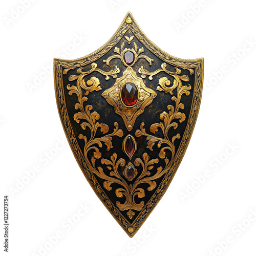 Ornate golden shield with intricate floral engravings and a central gemstone, isolated on a transparent background. Perfect for fantasy, medieval, and decorative themes photo