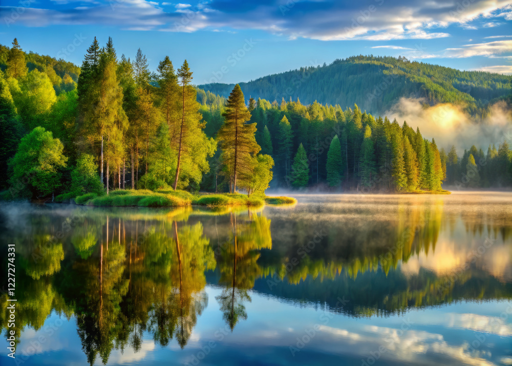 serene landscape featuring misty forest and calm lake reflections, showcasing vibrant greenery and soft morning light. Nature tranquility is beautifully captured serene landscape featuring misty forest and calm lake reflections, showcasing vibrant greenery and soft morning light. Nature tranquility is beautifully captured