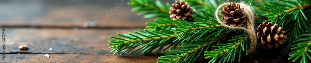A bundle of fresh evergreen branches wrapped in twine and pinecones, twine, decoration A bundle of fresh evergreen branches wrapped in twine and pinecones, twine, decoration