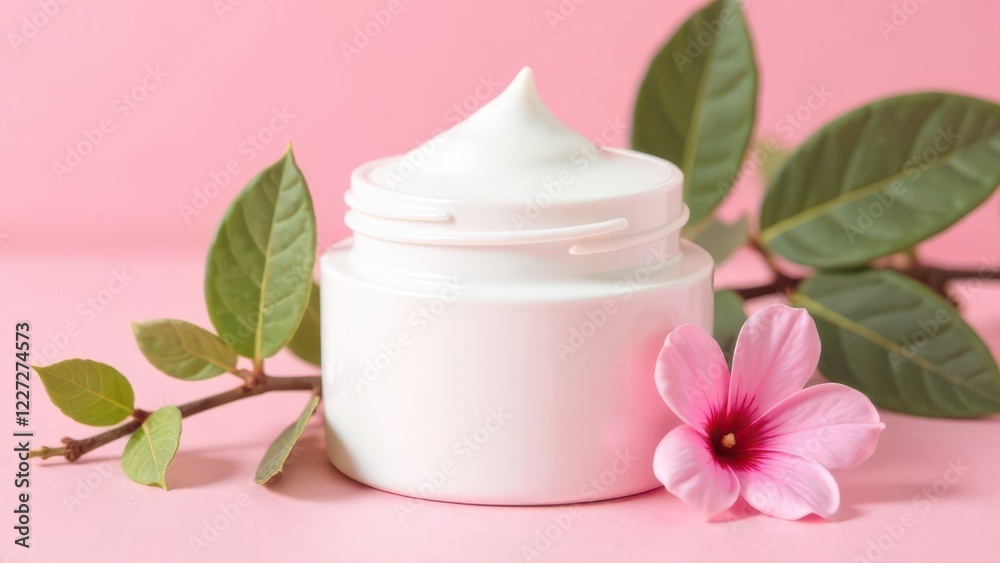 On a pink background there is a white cosmetic jar with white cream, next to a pink flower and green leaves On a pink background there is a white cosmetic jar with white cream, next to a pink flower and green leaves