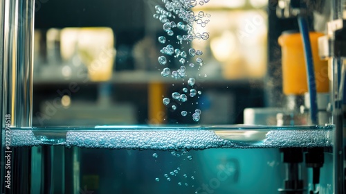 Hydrogen gas being produced through electrolysis, bubbles forming as hydrogen rises in the tank