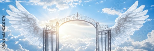 Open Heaven s Gate with Angel Wings and Cloudy Sky, Symbolizing Hope and Spirituality photo