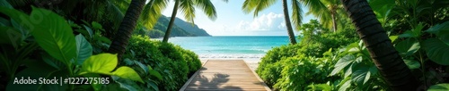 Wooden walkway through dense jungle towards ocean view   shadow   tropical