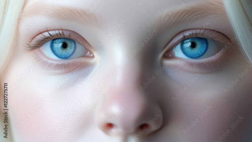 Obraz premium Albino Girl with White Hair and Blue Eyes Closeup Portrait