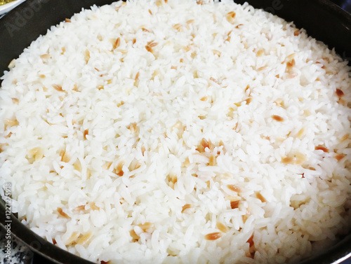 Traditional Turkish food; Roasted meat on rice (Turkish name; roasted meat on rice, sacrificial roast, rice with chickpeas and meat)