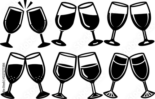 Set of wine glasses toasting silhouette vector illustration