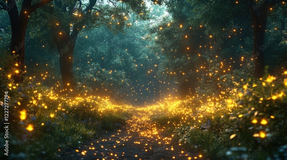 Naklejka premium Enchanting Forest Path Adorned with Glowing Fireflies Bathing in Soft Light at Night