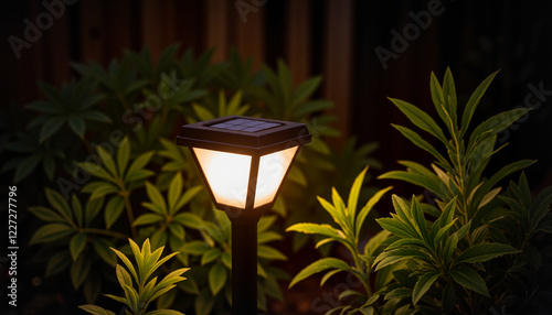 Bright solar-powered lamp illuminating a dark garden surrounded by lush foliage