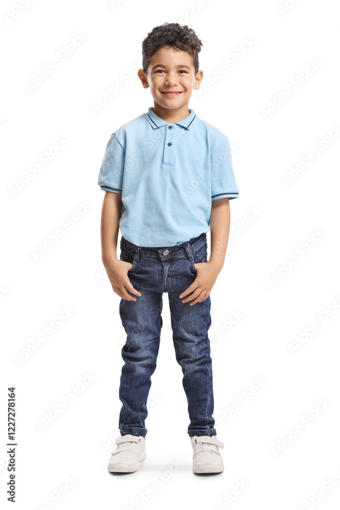Fototapeta premium Full length portrait of a kid in blue t-shirt and jeans