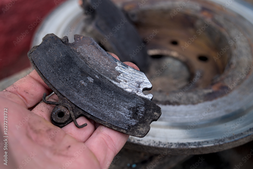 Worn brake pad in hand