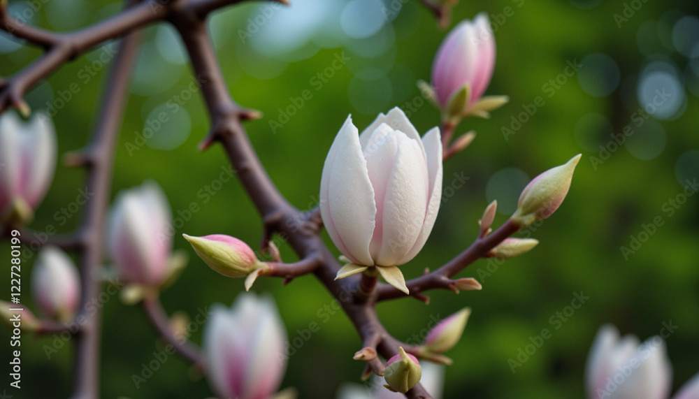 Fototapeta premium Single magnolia blossom opening on a branch with blurred background of greenery