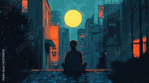 Man Meditates Underneath A Large Yellow Moon In A City Alleyway