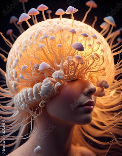 Woman merging with glowing mushroom mind, exploring surreal transformation and mycology photo