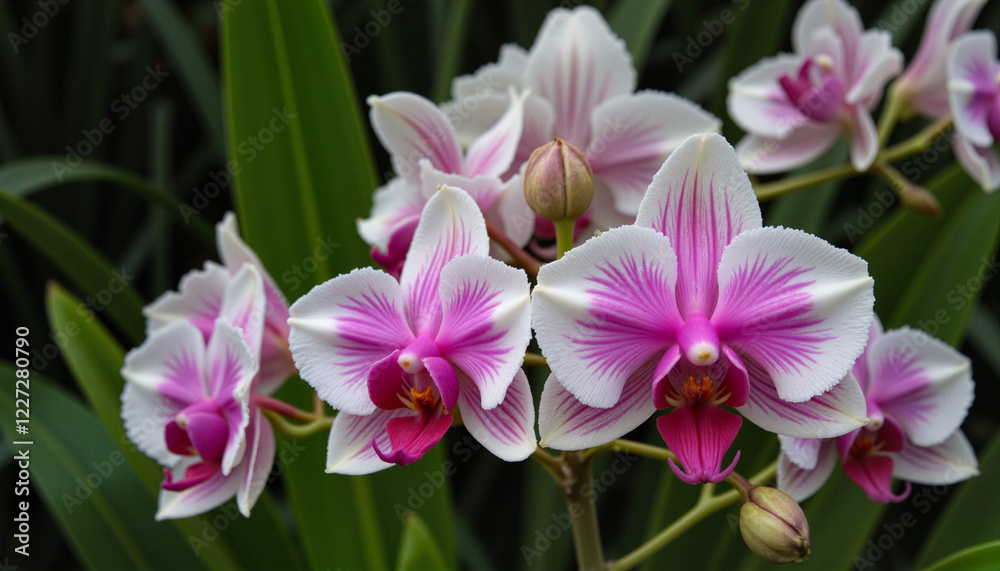 Close-up of vibrant orchids in full bloom with intricate petals in shades of pink and white Close-up of vibrant orchids in full bloom with intricate petals in shades of pink and white