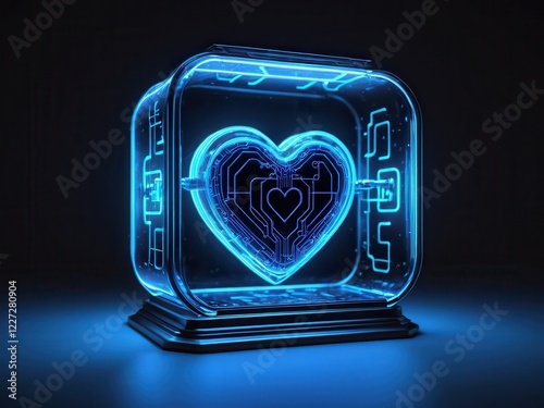  A glowing heart encased in a futuristic glass structure represents the fusion of technology and emotion photo