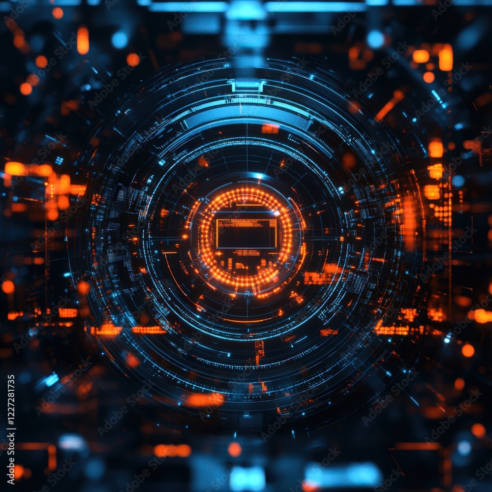 Fototapeta premium A computer monitor is displayed in a circle of bright orange and blue lights