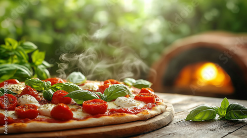 A freshly baked margherita pizza with basil and tomatoes sits on a wooden table, steaming from a nearby woodfired oven photo