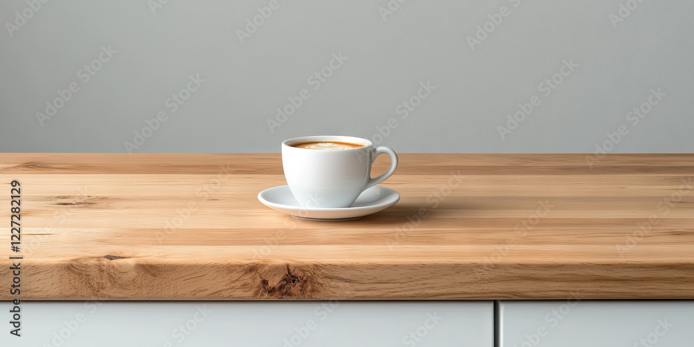 Latte in White Cup on Light Wood Surface Latte in White Cup on Light Wood Surface