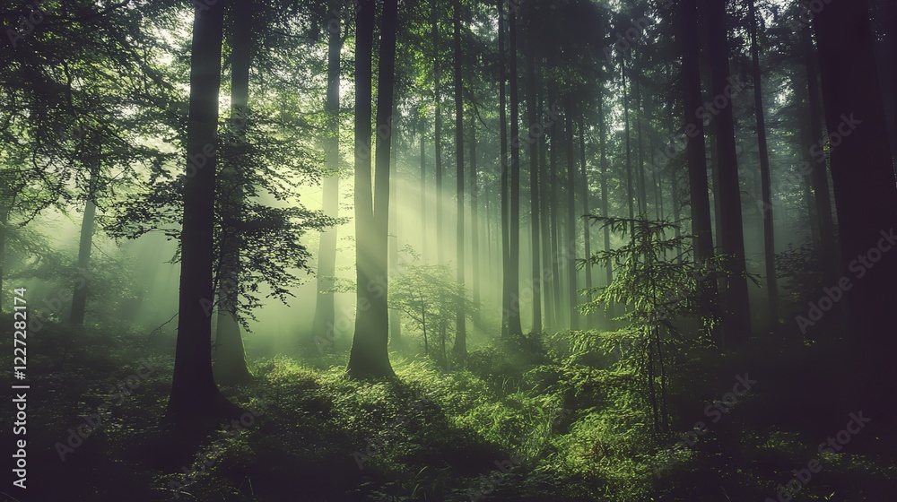 Fototapeta premium Tranquil forest bathed in soft sunlight, earthy tones blending harmoniously, evoking peace and natural serenity.