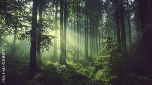 Wallpaper Mural Tranquil forest bathed in soft sunlight, earthy tones blending harmoniously, evoking peace and natural serenity. Torontodigital.ca