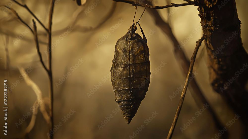 Close-up of a chrysalis hanging from a branch in a dimly lit forest, symbolizing transformation and nature Close-up of a chrysalis hanging from a branch in a dimly lit forest, symbolizing transformation and nature