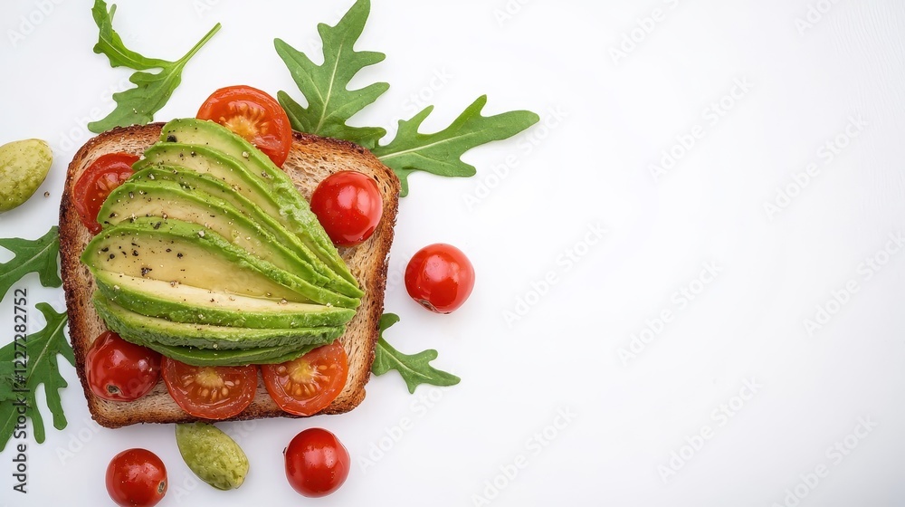 Fresh avocado toast topped with cherry tomatoes and arugula on a white background. Fresh avocado toast topped with cherry tomatoes and arugula on a white background.
