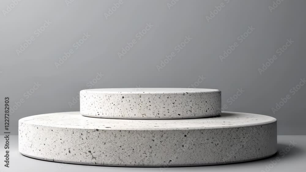 Modern minimalist display of circular stone pedestals on gray backdrop Modern minimalist display of circular stone pedestals on gray backdrop