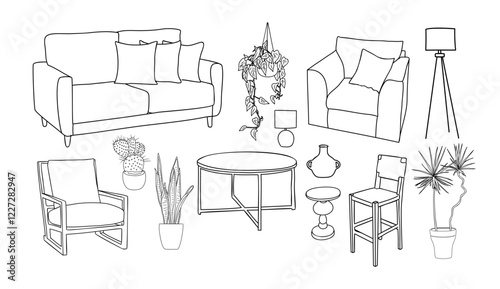 Collection of elegant modern living room furniture, home interior decorations of trendy Scandinavian or hygge style hand drawn vector illustration with black contour lines on white background. 