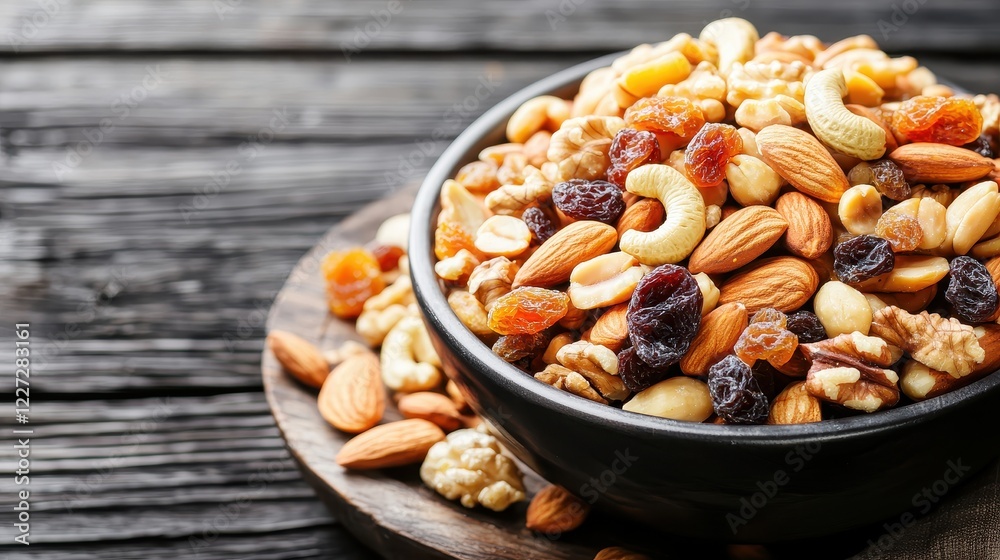 Bowl of mixed nuts and dried fruits on a wooden table. Bowl of mixed nuts and dried fruits on a wooden table.
