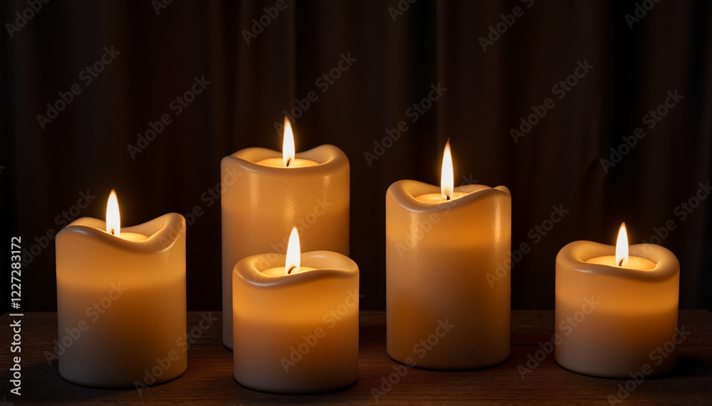 Serene group of glowing LED candles on a wooden table in a dark room for Earth Hour Serene group of glowing LED candles on a wooden table in a dark room for Earth Hour