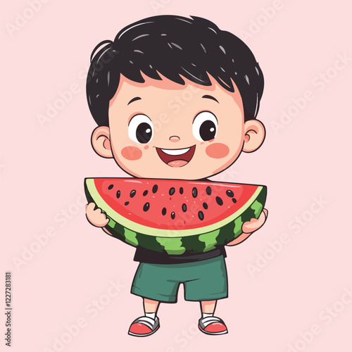 Cute little boy eating watermelon vector illustration