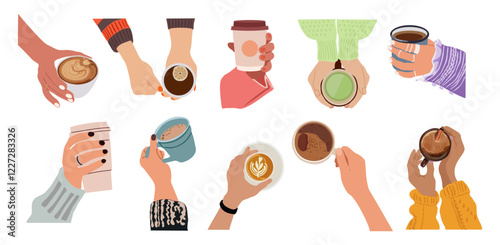 Collection of different hands holding hot drinks and beverage. Brewing or pouring green and black or matcha tea, cacao, espresso coffee. Flat vector cartoon illustration isolated on white background.