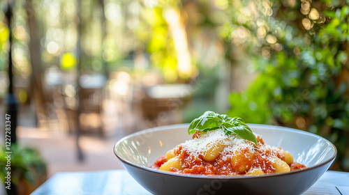 A bowl of gnocchi in tomato sauce, topped with parmesan cheese and basil, sits on an outdoor restaurant table. A blurred background shows lush greenery and patio furniture