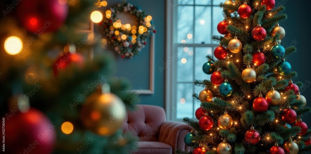 Fototapeta premium Garlands adorned with colorful balloons cascade down a Christmas tree, twinkling lights, christmas tree