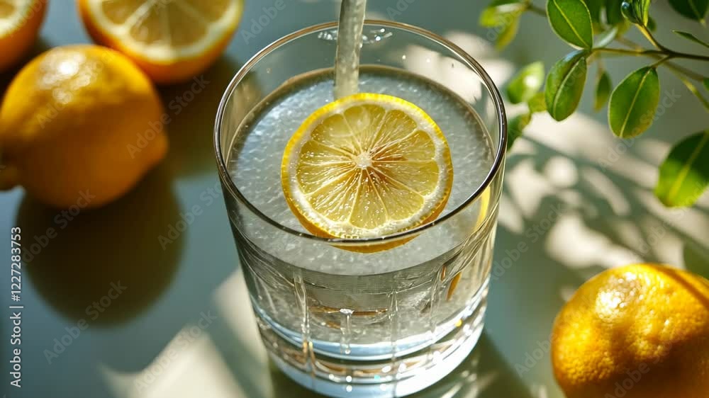 Refreshing lemon water being poured into a glass with lemons nearby