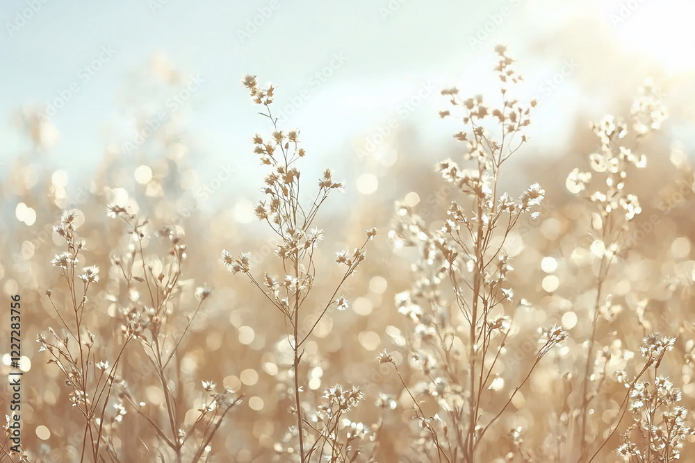 Sunlit field of delicate flowers swaying gently in the breeze, creating a serene and tranquil atmosphere Sunlit field of delicate flowers swaying gently in the breeze, creating a serene and tranquil atmosphere