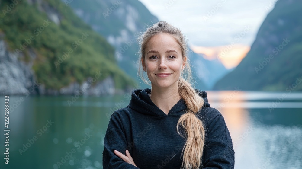 Fototapeta premium Woman smiling near fjord sunset, Norway travel